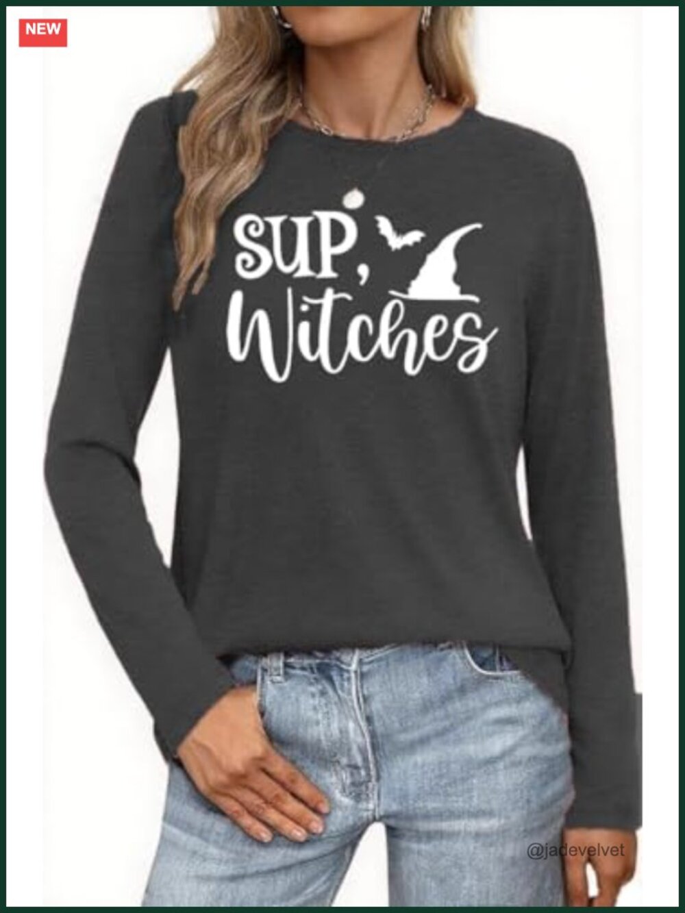 Women's Halloween Witch Long Sleeve Graphic T-Shirt Crew Neck Fall Tee